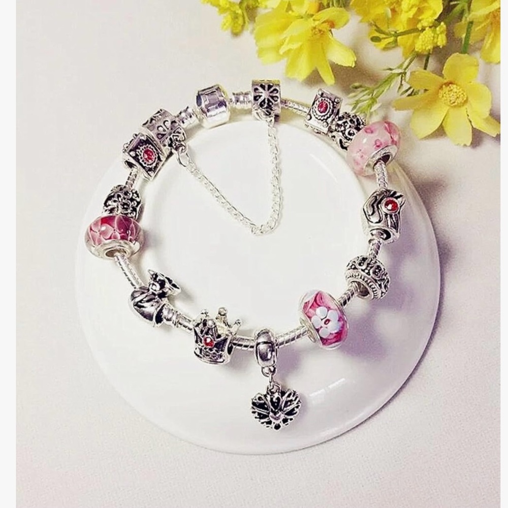 Elegant silver plated and Pink Charm Bracelet - Picture 2 of 6